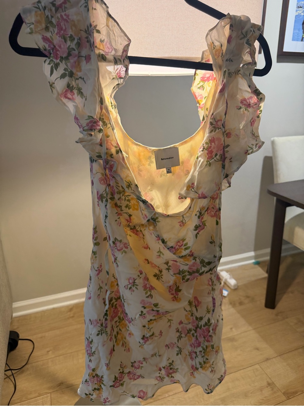 Reformation Yellow Floral Ruffle Camisole with Pink & Green Blossoms